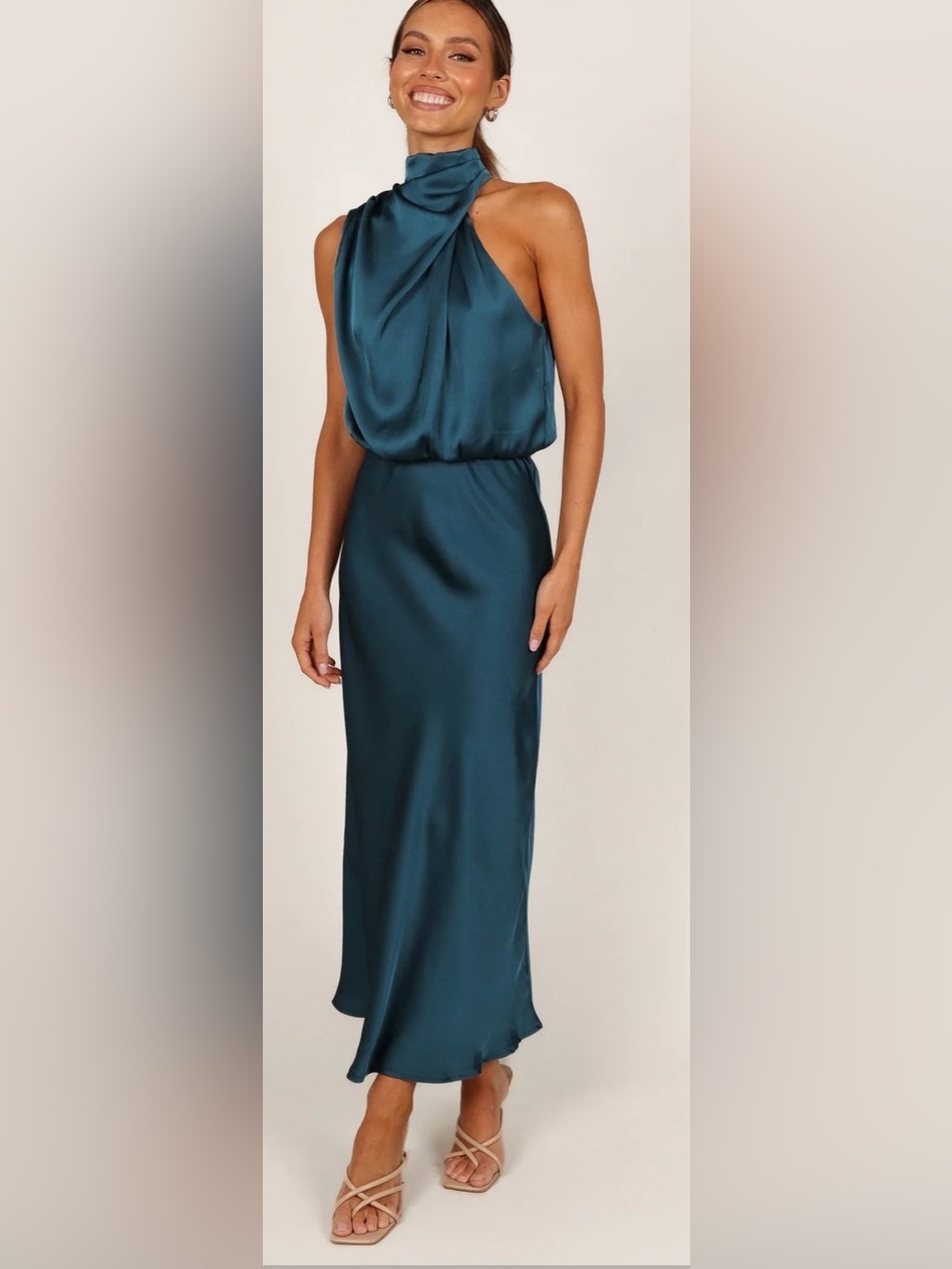 Petal & Pup Annabelle Teal halter High-Neck Satin Maxi Dress